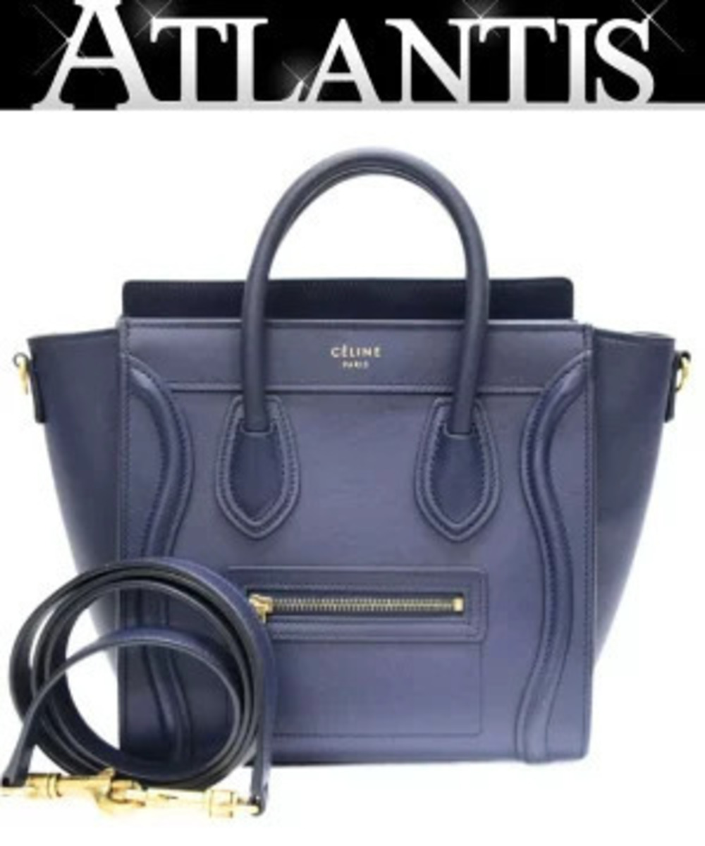 Celine Luggage Tote Shopper 2way Shoulder Bag Leather Navy Blue